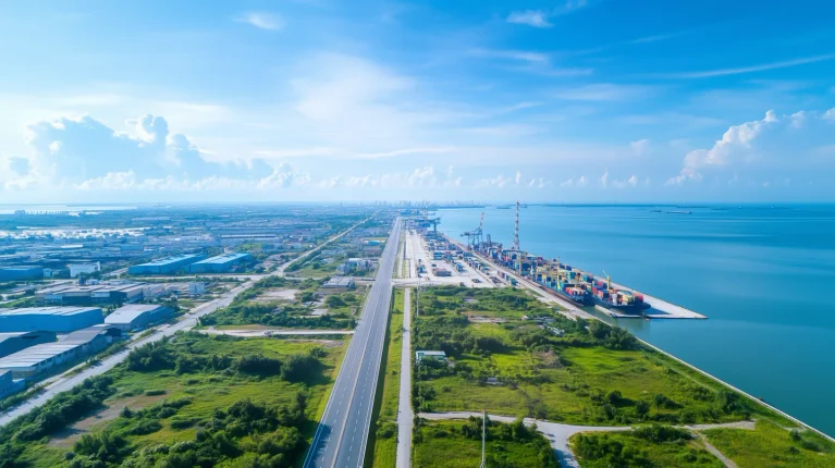 Aerial image of a container port and warehouses beside the sea