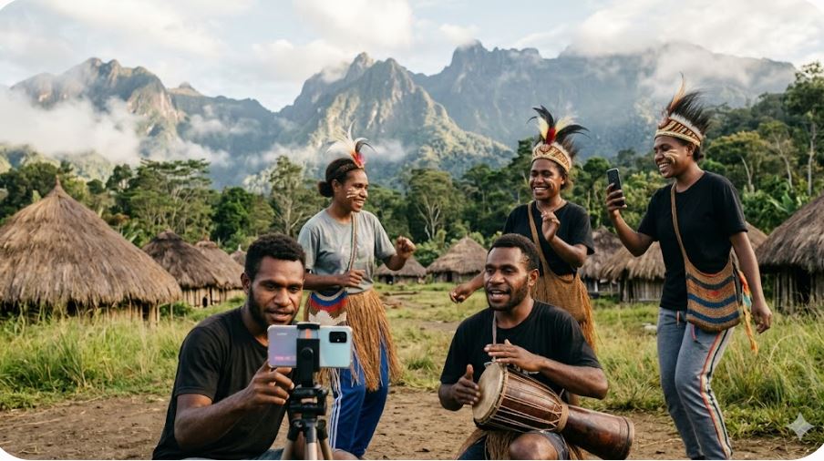 Young Papuans filming a traditional performance with a smartphone, mountains behind.