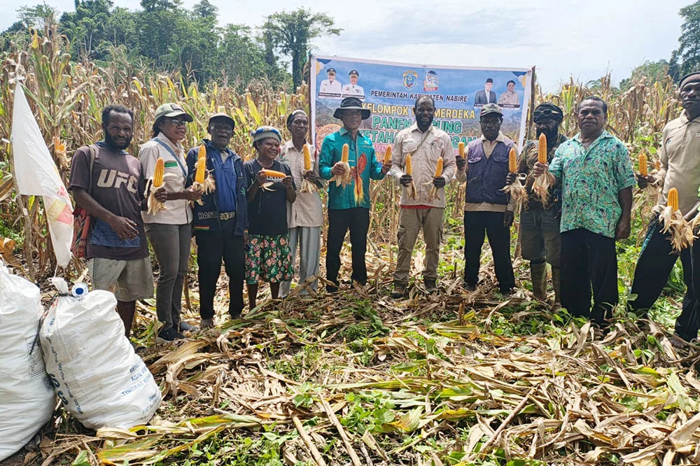 Farmers and officials holding corn cobs in a harvested cornfield.
