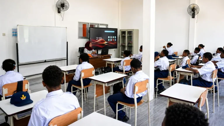 Students in uniform sitting in a bright, newly equipped classroom.
