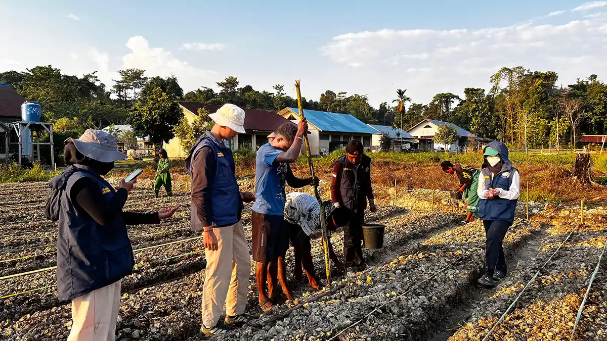 Agricultural officers and farmers inspecting a planted field.