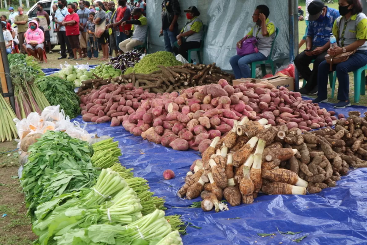 Vegetables, sweet potatoes and taro laid out on tarpaulins at a market.