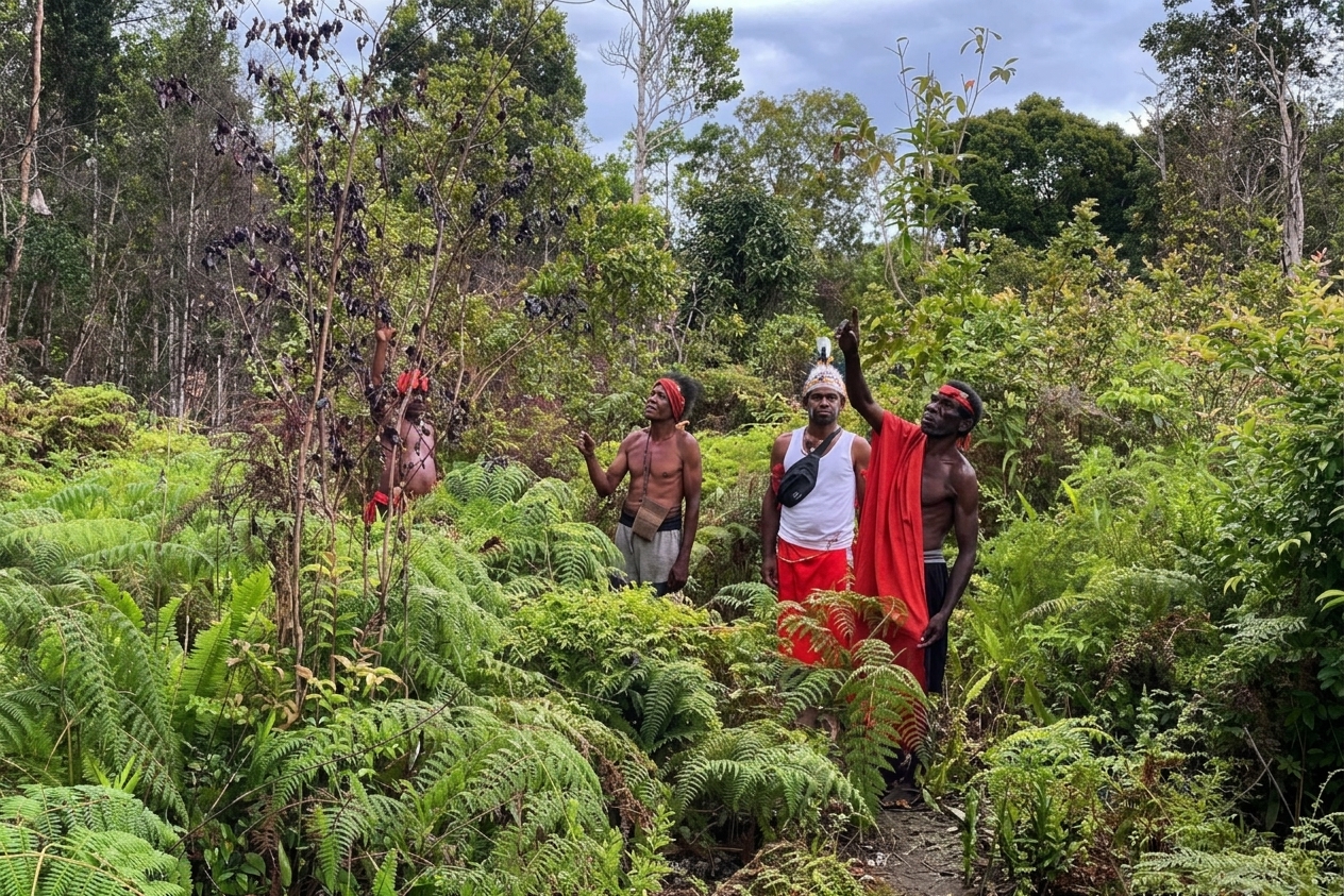 Indigenous Papuans standing in dense forest vegetation.