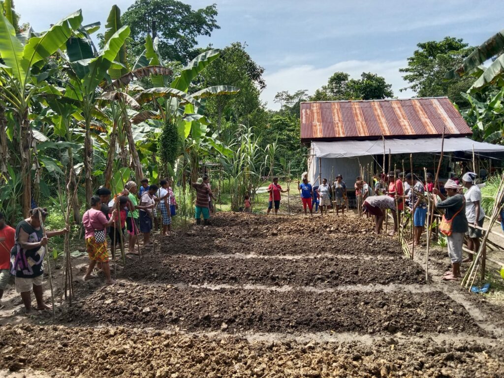 Villagers standing beside freshly dug garden beds next to a farm shed